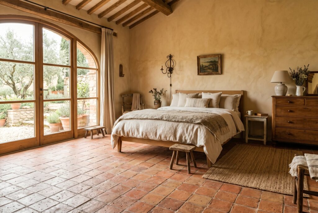 Warm sunlit bedroom with terracotta floors, a cozy bed, wooden dresser, and arched glass doors opening to a patio.