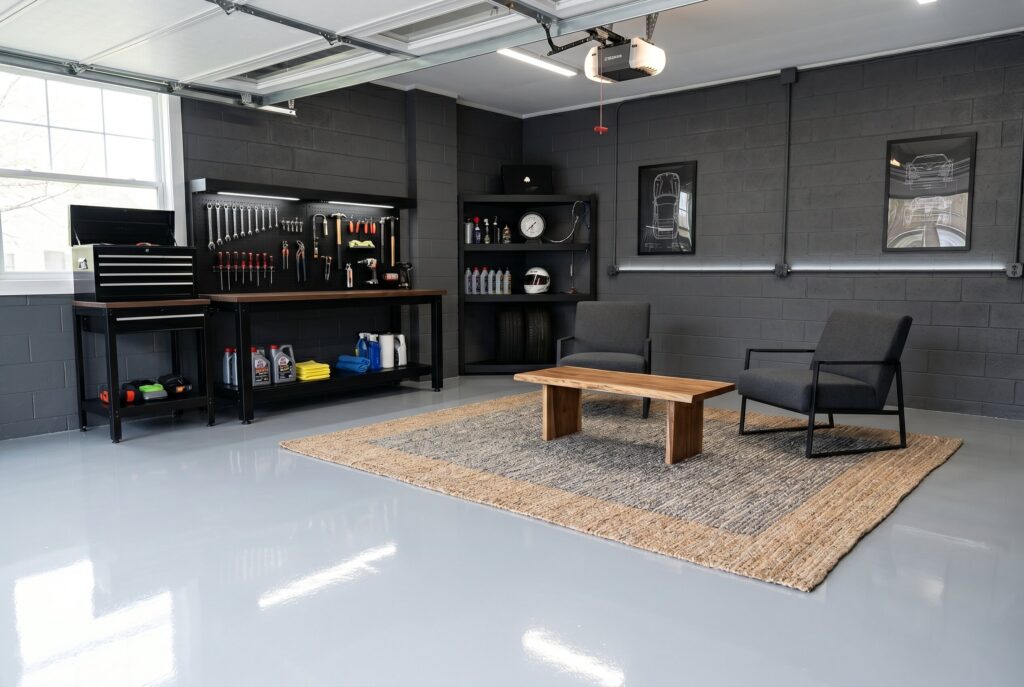 Open garage lounge with charcoal walls, epoxy flooring, and minimalist seating area. 