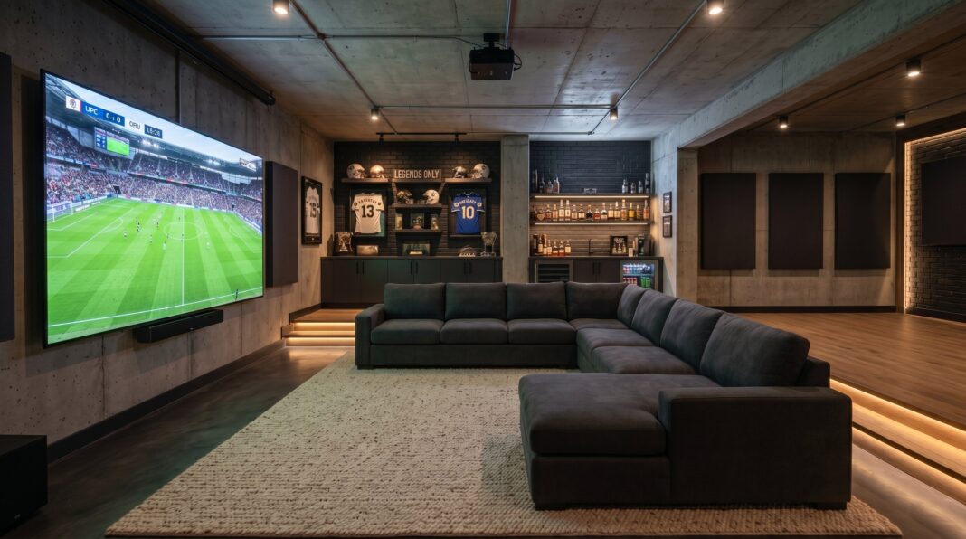 Luxury basement man cave with oversized sectional, giant sports screen, and integrated bar area.