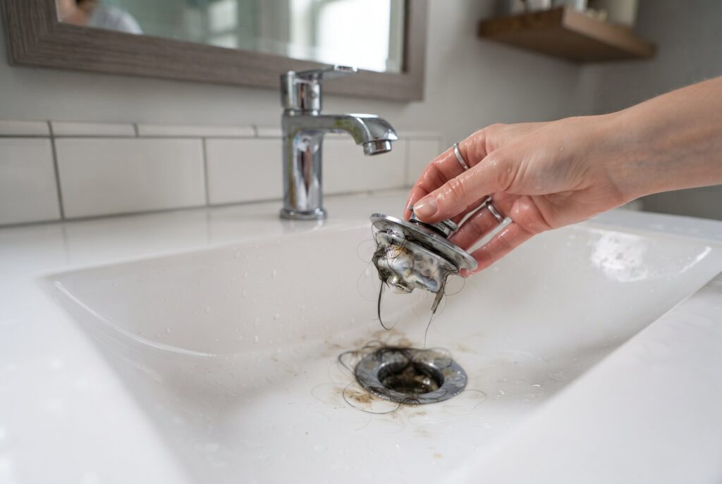 A hand pulls a large, wet clog of dark hair out of a bathroom sink drain.