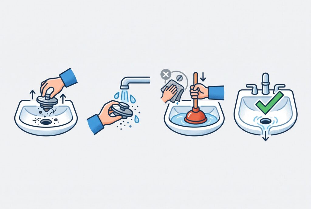 An illustration showing steps to unclog a sink drain.