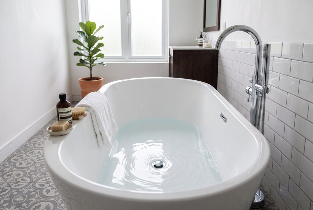 A modern white bathtub filled with water, with towels and bathroom essentials in a white tiled bathroom.