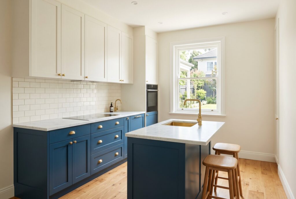 Two tone kitchen with navy blue base cabinets, white upper cabinets, and marble look countertops.