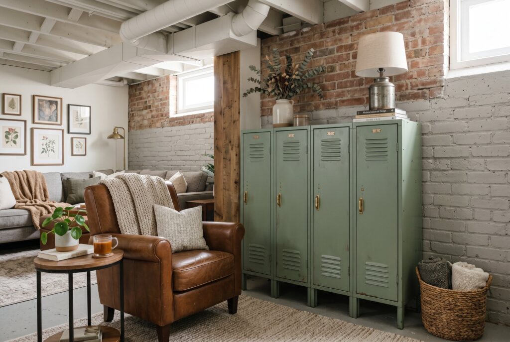 Upcycled metal locker storage in unfinished basement with industrial style organization.