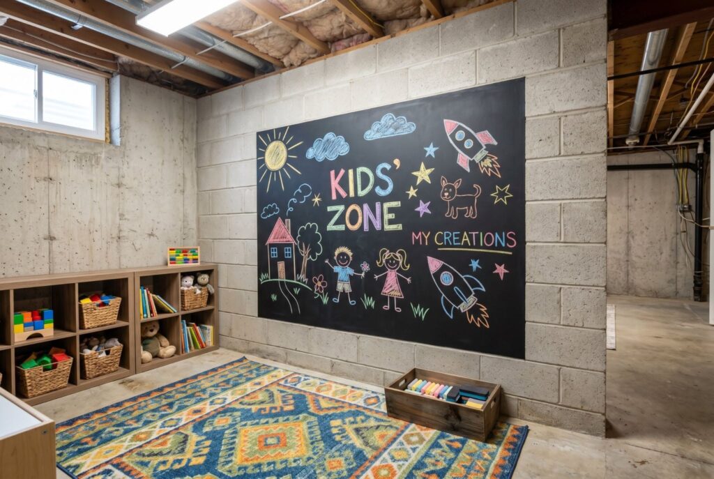 Chalkboard paint kids wall with toy storage and colorful playroom area.