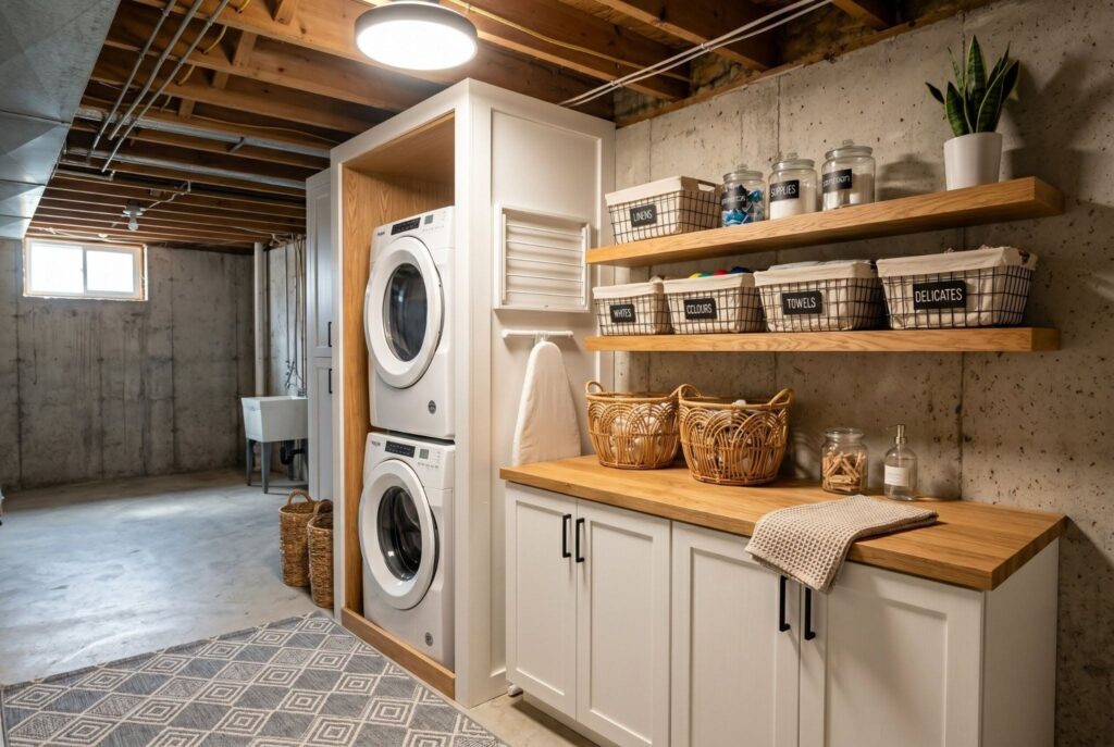 Bright basement laundry nook with floating shelves, baskets, and folding station.