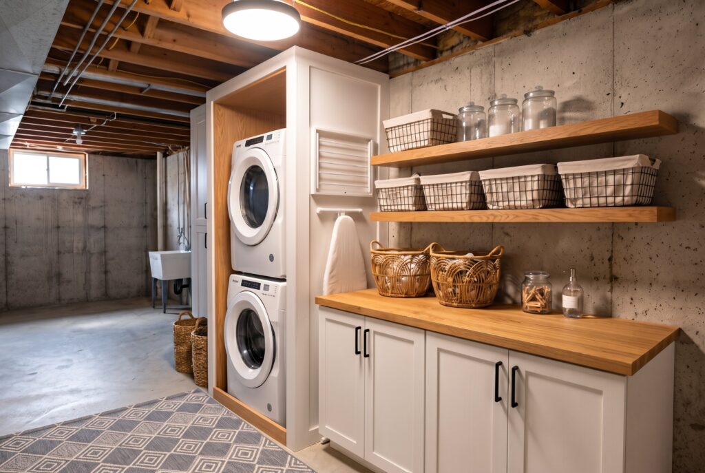 Bright basement laundry nook with floating shelves, baskets, and folding station.