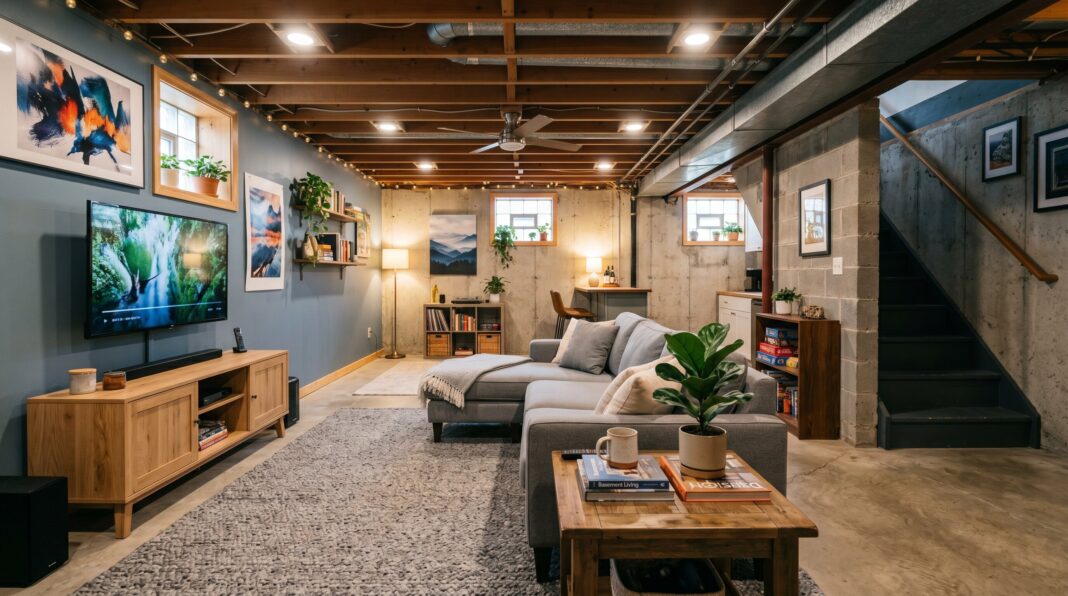 Unfinished basement lounge with exposed beams, layered rugs, and cozy neutral seating area.