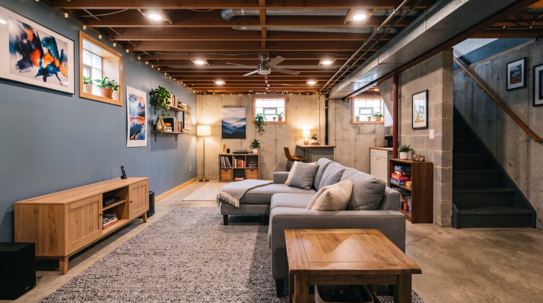 Unfinished basement lounge with exposed beams, layered rugs, and cozy neutral seating area.