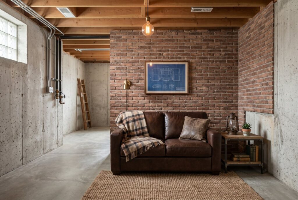 Faux brick accent wall behind leather sofa in unfinished basement lounge.