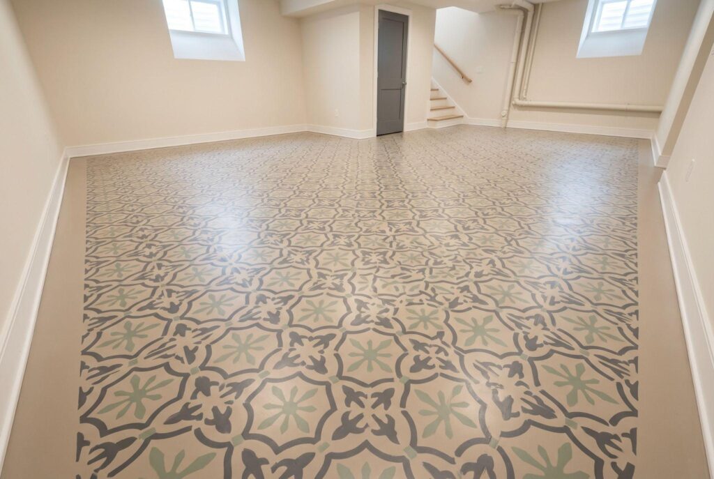 Stenciled epoxy basement floor with geometric pattern and bright neutral living area.