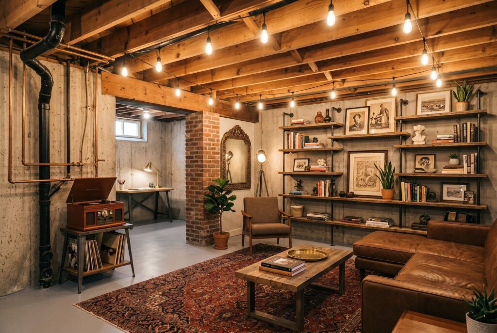 Industrial string lights hanging from exposed ceiling beams in cozy basement seating area.