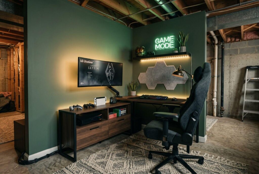 Moody sage green gaming corner with LED lighting and compact media console.