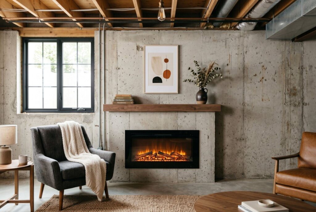 Minimalist electric fireplace with walnut mantel creating focal point in basement seating area.