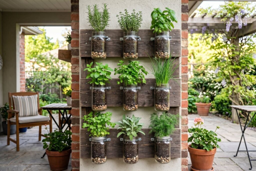 Mason jar herb wall mounted on wooden board with compact patio garden. 