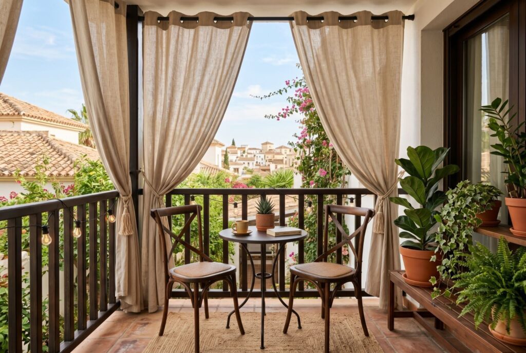 Outdoor fabric curtains on balcony with café table and resort style ambiance. 