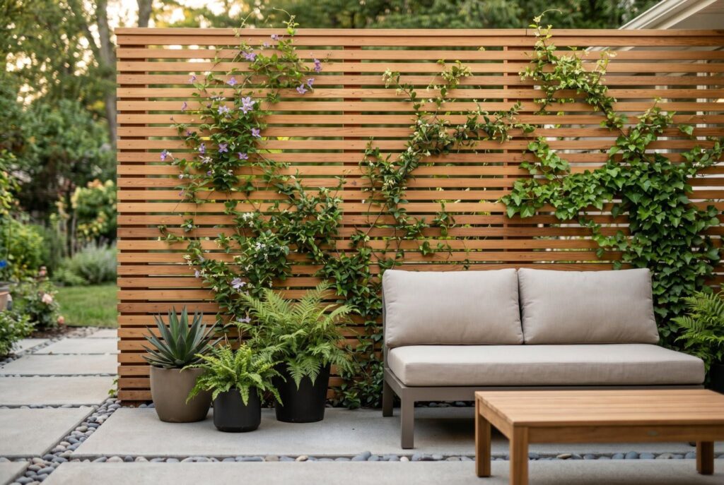 Horizontal slatted wood privacy screen with climbing vines and modern patio sofa. 