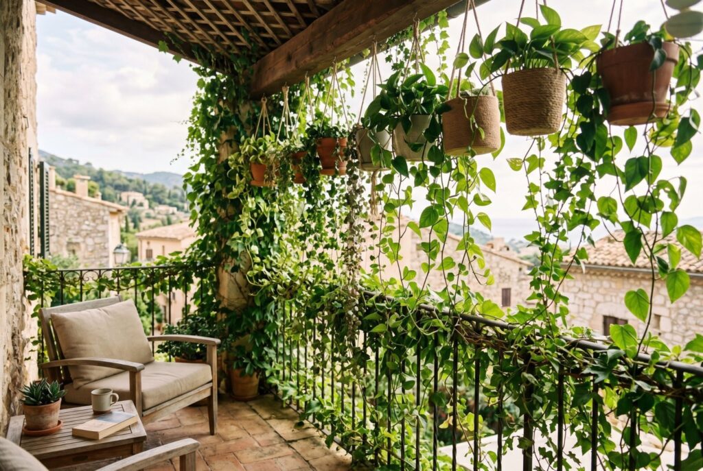 Hanging ivy curtain with trailing plants creating privacy on balcony railing. 