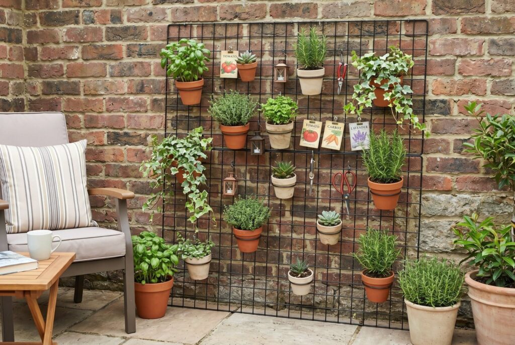 Wire grid wall panel with potted plants and garden accessories against brick wall. 