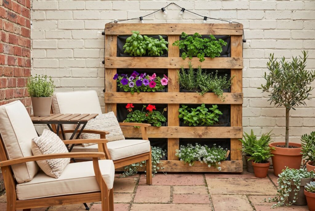 Upcycled wooden pallet planter wall filled with herbs and colorful flowering plants. 
