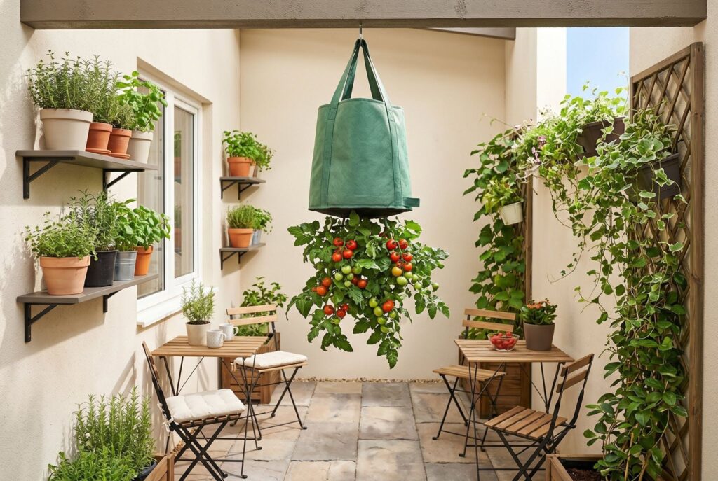 Upside down tomato planter hanging above narrow patio with herb shelves and seating. 