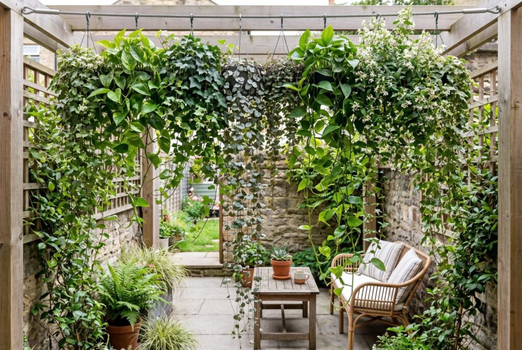Suspended curtain of trailing vines forming living green privacy screen over patio. 