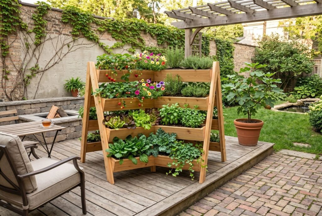A frame tiered planter with flowers, herbs, and vegetables in compact patio garden. 