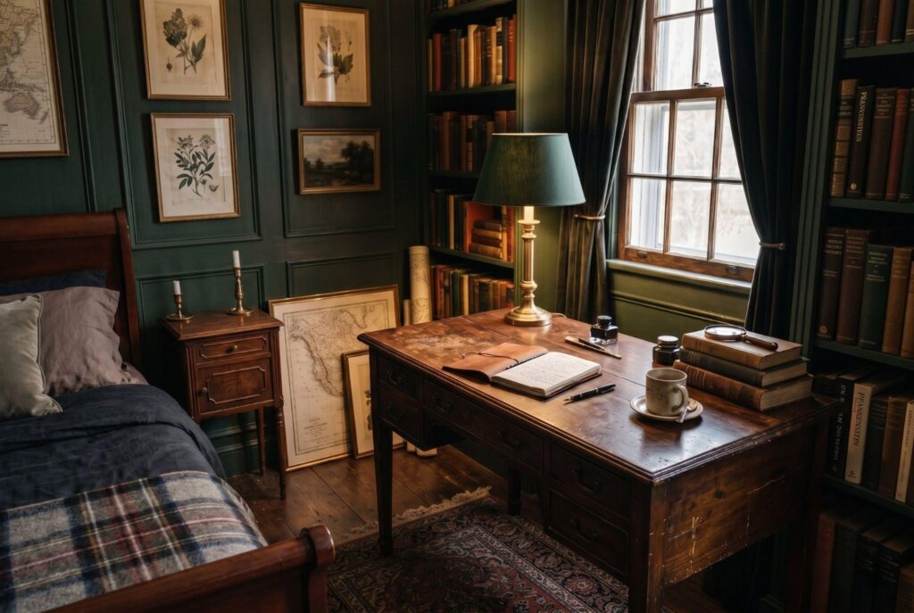 Walnut writing desk in dark academia bedroom with bookshelves and vintage inspired decor. 