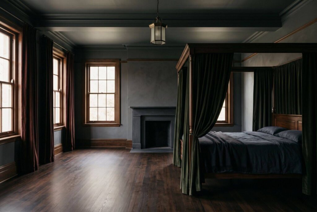Charcoal dark academia bedroom with painted ceiling, canopy bed, and cocoon like atmosphere. 