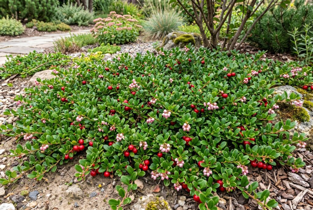 Bearberry as a low-growing shrub offering small evergreen leaves and red berries over sandy soil.