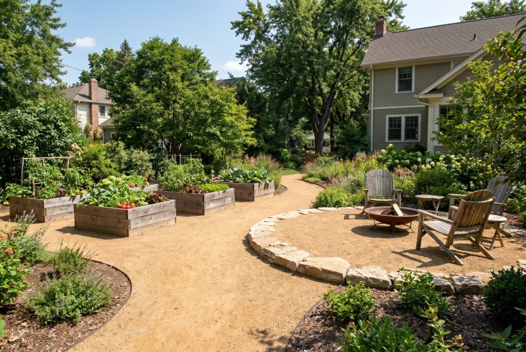 Decomposed granite walkway with raised garden beds and budget friendly hardscape design.