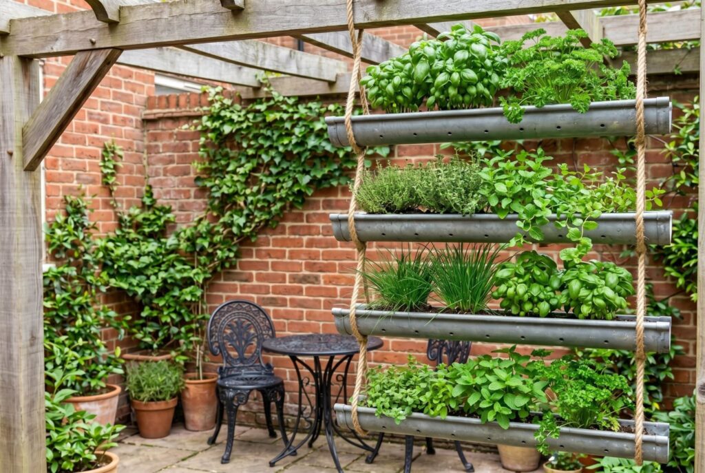 Gutter style hanging herb garden with multiple tiers of edible plants and vines. 