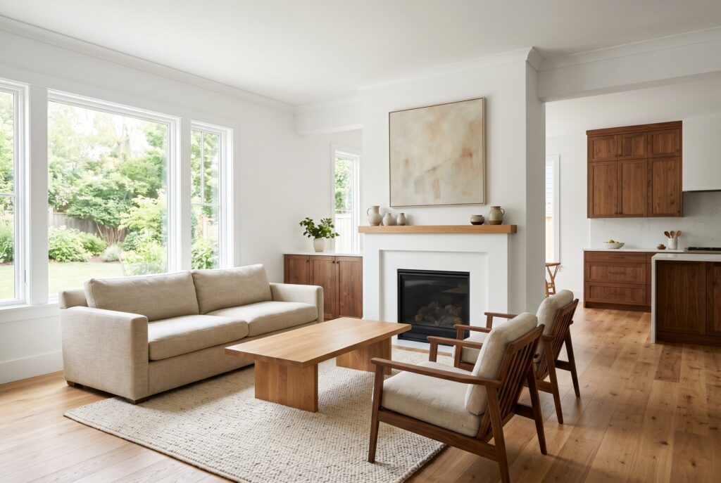 Chantilly Lace living room with natural wood furniture, cream sofa, and bright daylight. 