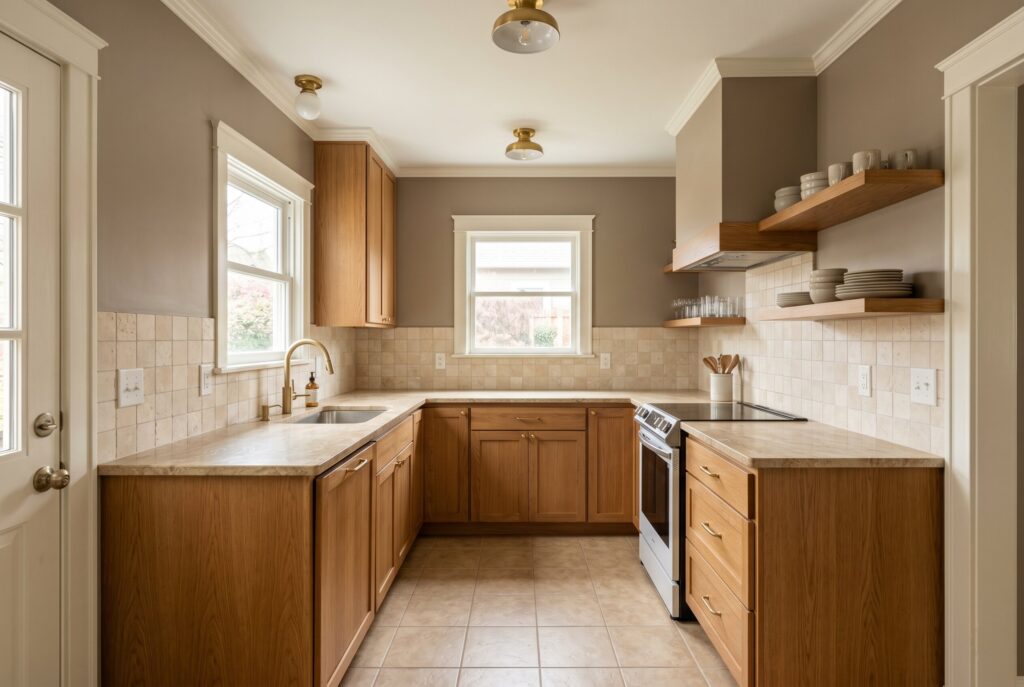 Sherwin Williams Jogging Path kitchen with mushroom taupe walls, walnut cabinets, beige counters, and warm neutral finishes.