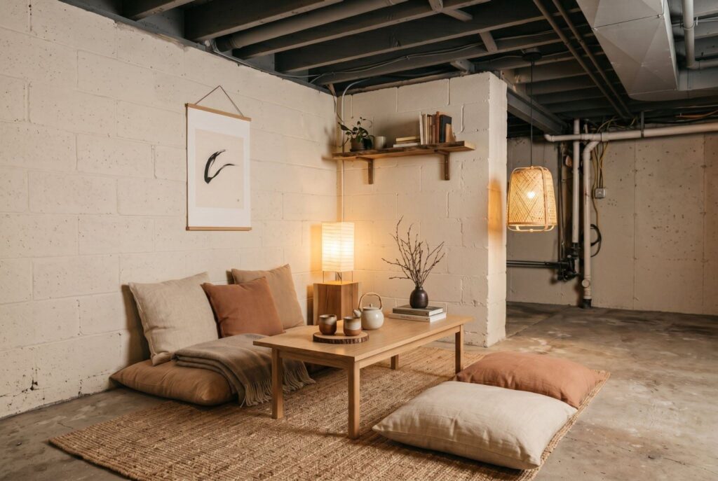 Japandi floor seating nook with low table, floor cushions, and warm lighting.