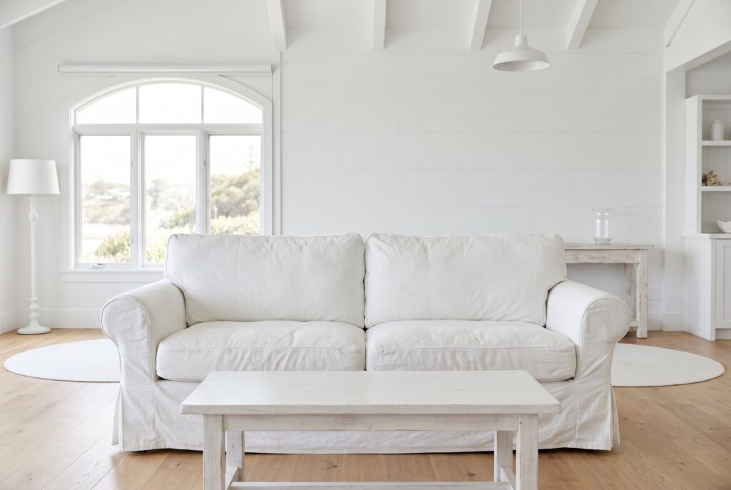 White living room furnished with durable performance fabric seating and family-friendly design details.