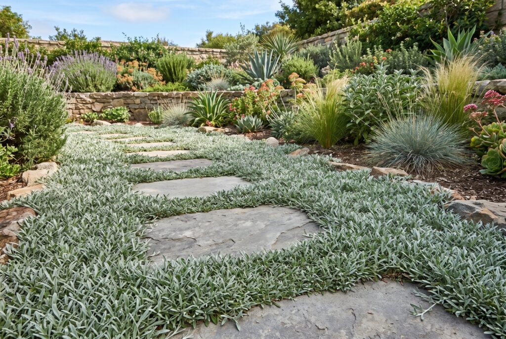 Silver Carpet ground cover hugging the ground with its narrow silver-green leaves, growing neatly between large stone pavers.