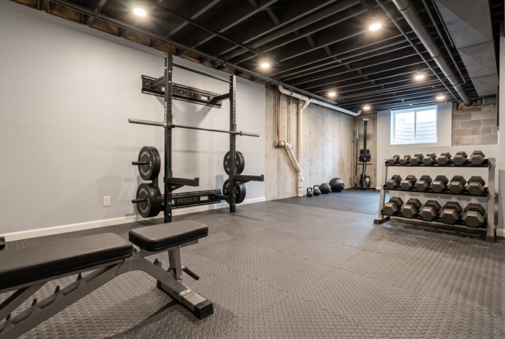 Rubber flooring in basement gym and workout area with exposed black ceiling.
