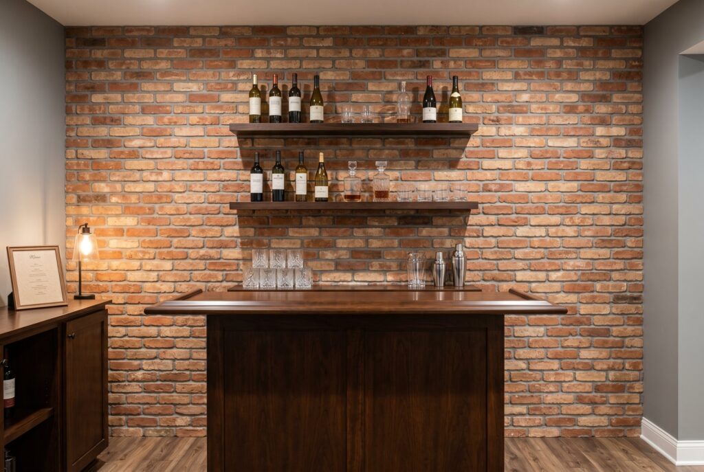 Faux brick veneer accent wall behind basement bar shelving and wood countertop. 