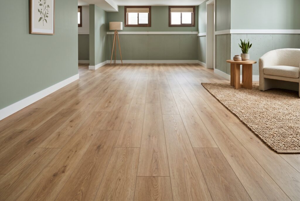Luxury vinyl plank flooring in light oak finish with sage green walls and neutral decor.