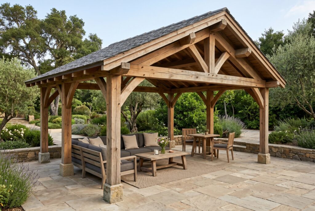 Heavy timber oak pavilion with outdoor lounge and resort style backyard entertaining. 