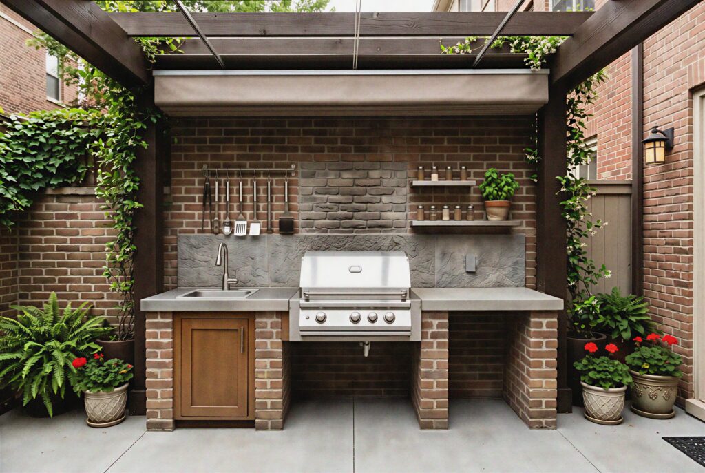Compact wall hugging outdoor kitchen with grill station, sink, shelving, and brick backdrop. 