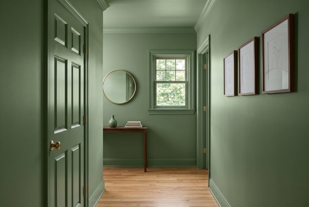 Color drenched sage green hallway with matching trim, doors, and walls.