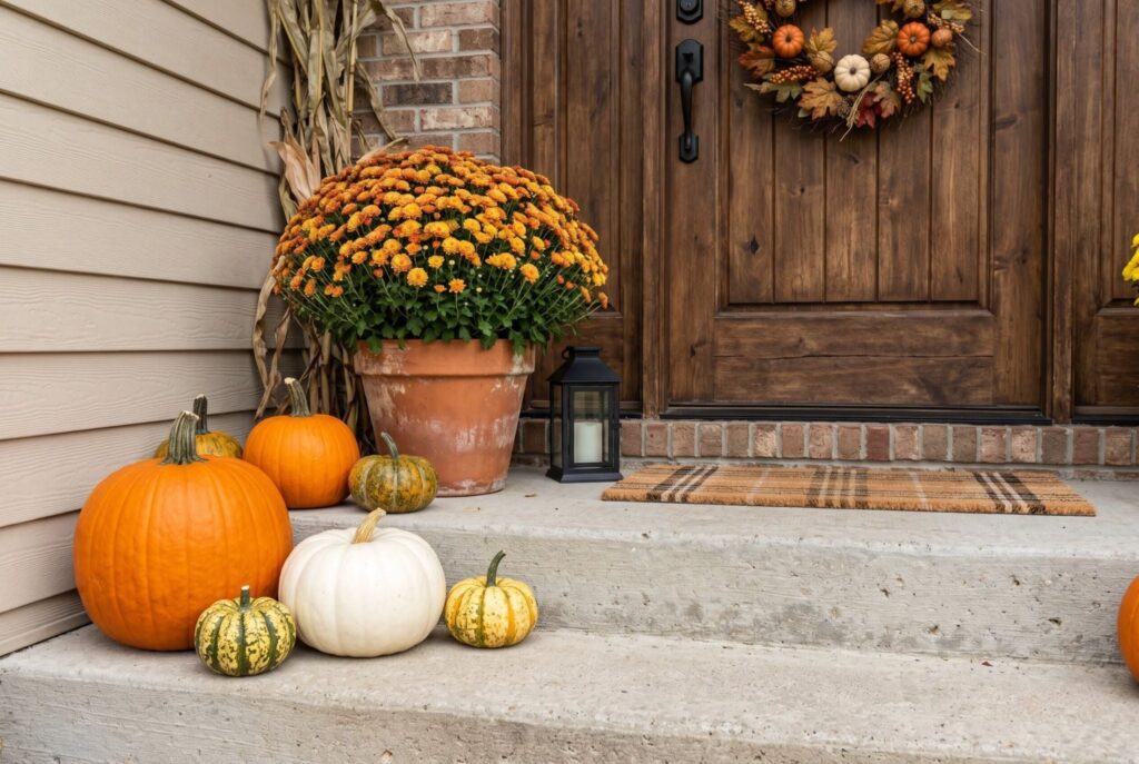 Real pumpkins on front steps with mums and rustic autumn porch styling.