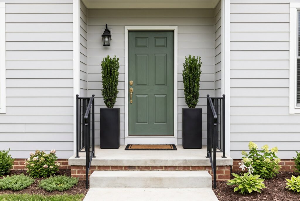 Tall narrow planters flanking front door with symmetrical small porch styling.
