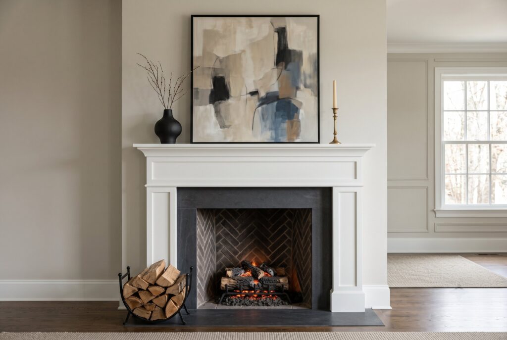 Minimalist fireplace mantel with oversized abstract artwork and restrained decor styling.