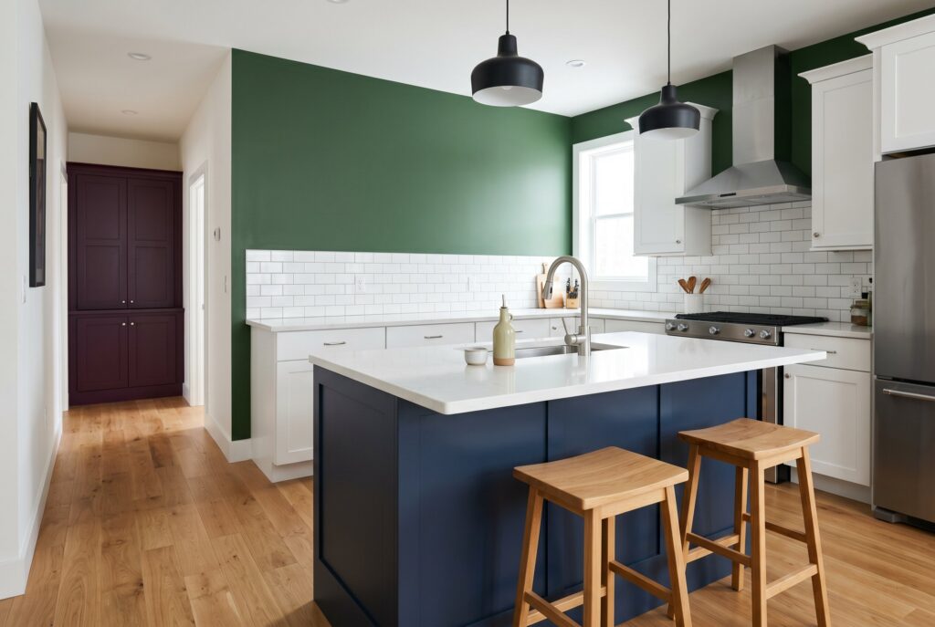 Kitchen with saturated green accent wall, navy island, and white perimeter cabinetry.