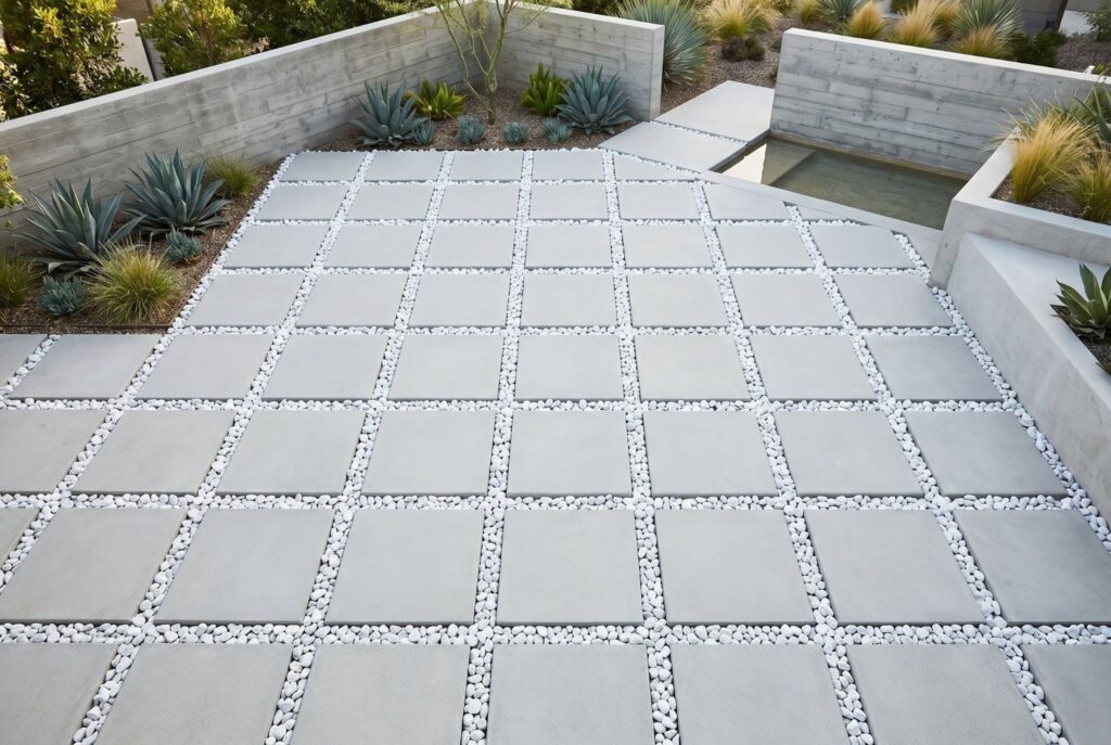 Geometric paver grid with white quartzite gravel joints in contemporary courtyard design. 