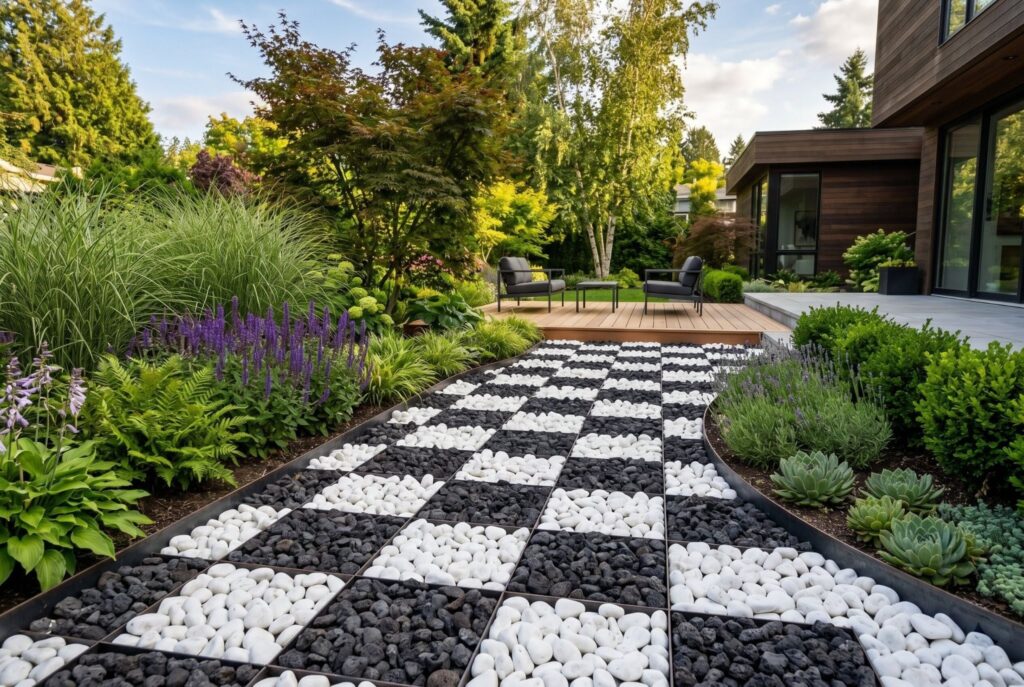 Black lava rock and white landscaping rock checkerboard pattern in modern garden design. 