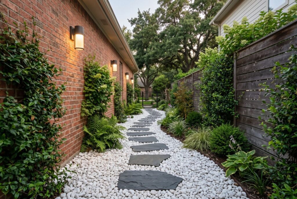 Narrow side yard walkway with white stones, stepping stones, and landscape lighting. 
